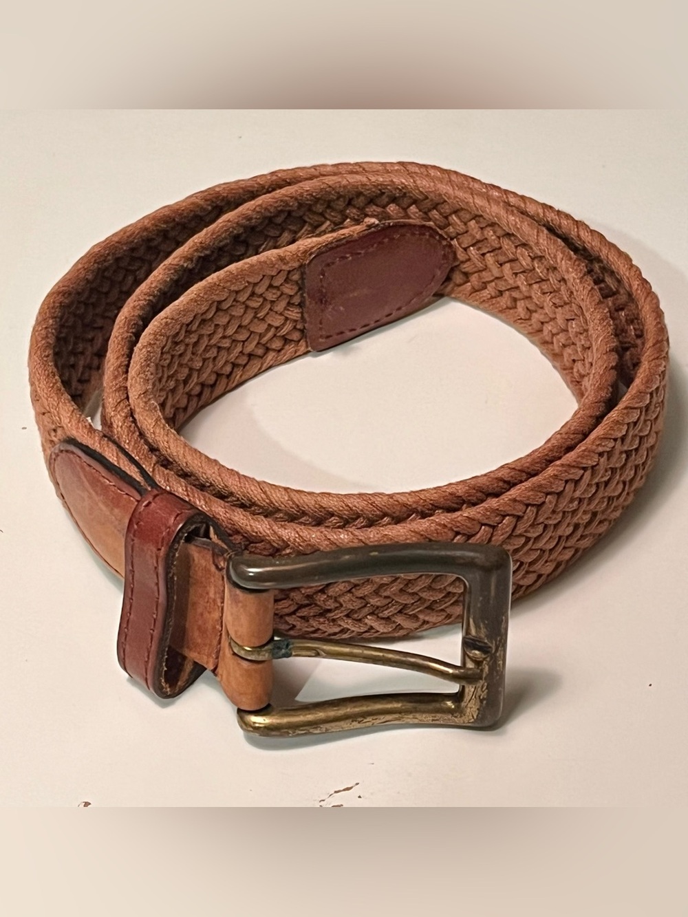 Leather-Trim Braided Cotton Belt in Brown